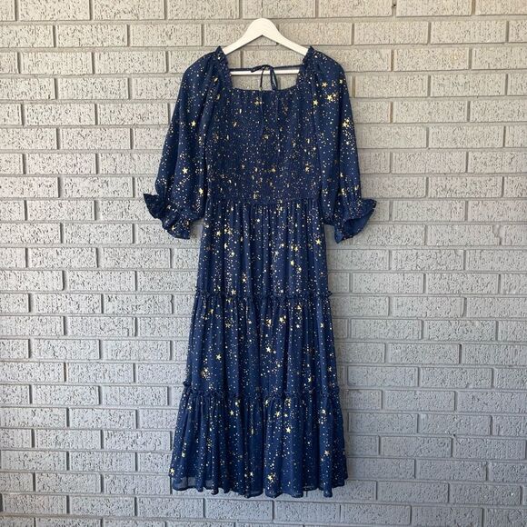 Ivy City Co Starry Nights Dress Navy Blue Gold Stars Size Medium - Picture 7 of 7